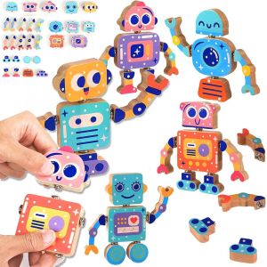 Jeu de blocs de construction robot en bois pour garçons et filles de 3,4,5 ans,jeux Montessori pour enfants,28 pièces,jouet à démonter,connexion instantanée,cadeau d'apprentissage - Neuf