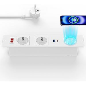 Prise Encastrable De Table Avec Charge Sans Fil 15W, Prise Encastrée Avec Usb-C Pd20W, Multiprise 2 Prises, Interrupteur, Câble De 2 M, Blanc[DYB982390] - Neuf
