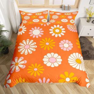 Sjzg-60s 70s Groovy Parure De Lit 200 X 200 Retro Hippie Flower Sets De Housse De Couette Vintage Boho Plant Floral Housse De Couette Botanical Blossom Orange Parure Housse De Couette - Neuf