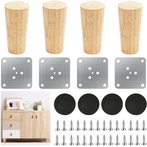 Lot de 4 Pieds de Meubles en Bois Massif Droit 10cm, Conique Pied de Meuble Bois avec Plaque de Montage, Vis, Coussins en Caoutchouc Silencieux, Rechange Pied de Table Bois pour Canap&eacute;, Chaises, Lits - Neuf