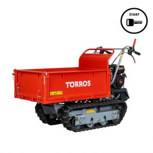 Brouette motoris&eacute;e essence &agrave; chenilles sur&eacute;lev&eacute;es et benne plateau basculante &agrave; ridelles 600KG 6,5CH 3+1R vitesses d&eacute;marrage &eacute;lectrique Torros MRP600HE - Neuf