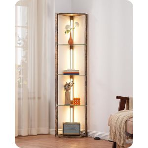Subzonal-Lampadaire Sur Pied Salon Avec &Eacute;tag&egrave;res En Verre, Dimmable En Continu, 3 Temp&eacute;ratures De Couleur, Interrupteur &Agrave; Pied, Biblioth&egrave;que D'angle En Bois Avec Lumi&egrave;re Led Pour Salon, Chambre, Noir - Neuf