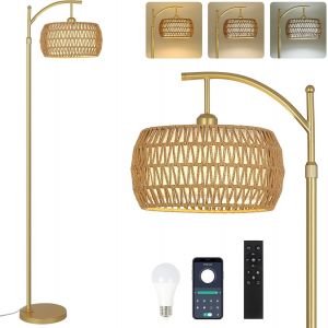 Lampadaire En Rotin Salon, Lampadaire À Intensité Variable Avec Télécommande, Contrôle App, Lampadaire Boho Avec Abat-Jour En Rotin, Noir Lampadaire Pour Chambre, Bureau (Ampoule Incluse) - Neuf