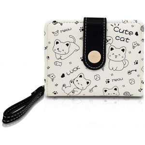 Portefeuille Femme Petit Format,Portefeuilles Féminins En Cuir Pu Avec 5 Cartes Et Fenêtre Id Compact Porte Carte À Motif Chaton Pour Carte Monnaie Pièce Clé (Noir) - Neuf