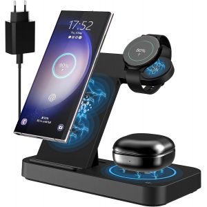JGD-Station de charge inductive 3 en 1 pour Samsung Galaxy Watch 5/5 Pro/4, Samsung Galaxy S23/S23 Ultra/S23+/S22/S21/S20/Note20, Galaxy Buds Pro. - Neuf