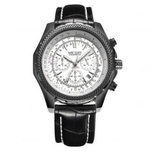 Megir Mode Hommes Alliage Imperm&eacute;able Pu Cuir Quartz Montre (Ceinture Noire Bo&icirc;tier Noir Cadran Blanc) - Neuf