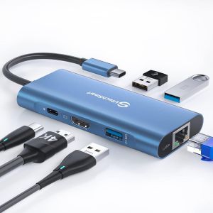JGD-Hub USB C, Adaptateur USB C &agrave; HDMI 6 en 1 avec Ethernet 1000M, Port de Charge PD 100W, Adaptateur 3 Ports USB 3.0 Compatible avec MacBook Pro, Chromebook et p&eacute;riph&eacute;riques USB C(Bleu) - Neuf