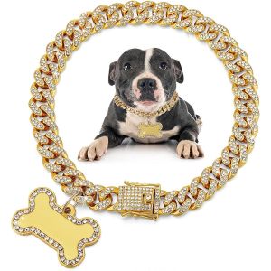 Chenquansarl-Chaîne Pour Chien - Collier Cubain Doré Avec Diamants Et Étiquettes D'identification Pour Animal Domestique - Strass - En Acier Inoxydable - Chaîne À Maillons Cubains - Collier De Marche - Neuf