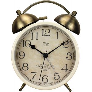 R&eacute;veil analogique r&eacute;tro &agrave; quartz silencieux sans tic-tac avec lumi&egrave;re de nuit, petite horloge de bureau pour table de chevet, fonctionne avec piles (blanc) - Neuf