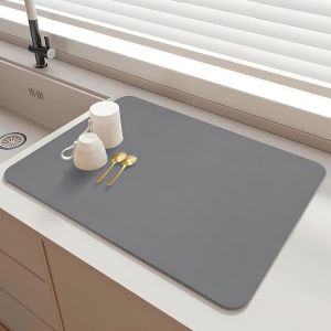 Eryi-Tapis Egouttoir Vaisselle, 60×40 Cm Tapis Absorbant Cuisine Antidérapant, Tapis Égouttoir Vaisselle Absorbant, Tapis Machine A Cafe Pour Vaisselle, Bar, Machine À Café, Gris Clair - Neuf