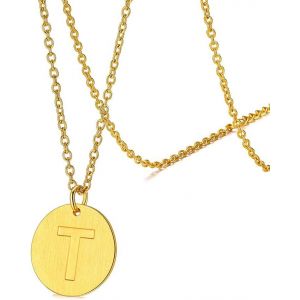 Kal-Collier M&eacute;daille Initiale En Plaqu&eacute; Or,Pendentif Grav&eacute; Lettre T Rond Monnaie Fantaisie En Acier Inoxydable,Bijoux Alphabet Avec Ras De Cou Chaine R&eacute;glable 45+5 Cm Pour Femmes,Hommes,Filles - Neuf