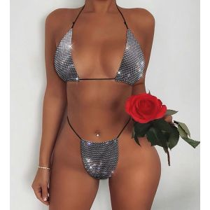 Crystal Mesh Ensembles De Bikini À Paillettes Haut Avec Des Sous-Vêtements Costume Fashion Strass Crop Top Festival Rave Party Tenues Corps De La Chaîne De Bijoux Pour Les Femmes Et Les Filles (Noir) - Neuf