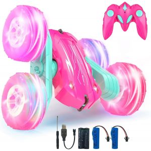 TZF-Voiture T&eacute;l&eacute;command&eacute;e Enfant, 360&deg;Rotation Camion Cascadeuse avec Feux de Roue, 2.4GHz RC Voiture Radiocommandee Jeux Ext&eacute;rieur Jouet Cadeau pour Gar&ccedil;on Fille 6+ Ans, 2 x Batterie (Rose) - Neuf