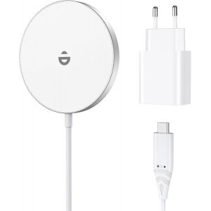 JGD-Chargeur pour iPhone avec Adaptateur USB-C 20 W, Chargeur sans Fil inductif pour iPhone 17 16 15 14 13 12 Pro Max/Air/Plus/Pro, magn&eacute;tique Rapide sans Fil, Blanc Neige avec Adaptateur - Neuf