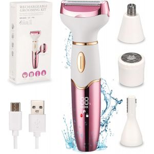 4 En 1 Epilateur Electrique Femme, Affichage Num&eacute;rique Lcd, Rasoir Electrique Femme, Preuve De L'eau, Lavable Sur Tout Le Corps, Rasage &Agrave; Sec Ou Humide, Efficace Et Indolore, Modern, Rose - Neuf