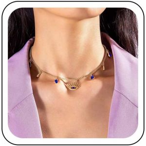 Kal-Collier Ras Du Cou Oeil Maléfique Collier Pendentif Oeil Bleu Superposé Chaîne En Or Saphir Collier Oeil Du Diable Collier Clavicule Oeil De Démon Chanceux Turc Bijoux Pour Femmes Filles - Neuf