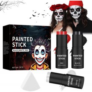 Kit Maquillage Halloween Noir Et Blancpeinture Visage Et Corps Avec Pinceaux Et &Eacute;ponges (Noir+Blanc+Rouge)(B) - Neuf