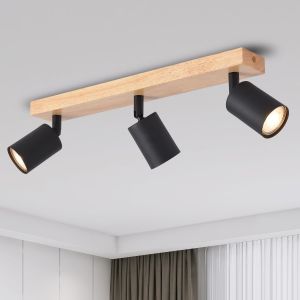 Plafonnier Spots, 3 Spots De Plafond Led Int&eacute;rieurs Base Gu10, Luminaires Int&eacute;rieur Noirs Avec Base Rectangulaire En Bois, Pivotant Led Plafonnier (Sans Ampoules) Eus-Ea190812-10-03rb-1u - Neuf