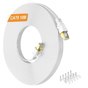 TIANYI-Cat 8 Cable Ethernet 10m, Haut Débit Fibre Cable RJ45 10m Blanc Plat 40Gbps 2000MHz Câble Réseau, Gigabit Blindé LAN Cable Internet pour Routeur, Modem, Switch, Xbox, PS5/4 - Neuf