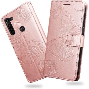 KAL-Coque Pour Moto G8 Power, Papillon Imprim&eacute; Housse En Cuir Pu Magn&eacute;tique Portefeuille, &Eacute;tui &Agrave; Rabat Pour Moto G8 Power, Or Rose - Neuf