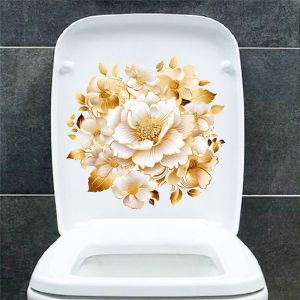 Sticker WC imperméable personnalisé et élégant pour salle de bain avec fleurs dorées - Neuf