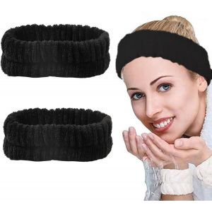 Bandeau Maquillage, Bandeau Maquillage Cheveux Femme, Bandes De Poignet Faciales En Flanelle Pour Femme, &Eacute;lastique Bandeaus Soin Visage Pour Lavage Du Visage (Noir, L) - Neuf