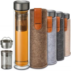 Thermos Verre Avec Infuser 500 Ml - Verre À Double Paroi Avec Housse En Feutre - Résistant À La Chaleur - Étanche - Lavable Au Lave-Vaisselle (Marron Sable) - Neuf
