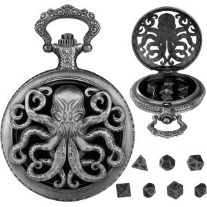 Chenquansarl-Lot De Mini D&eacute;s Dnd, Mini Jeu De D&eacute;s Dnd Avec Steampunk Coquille De Montre De Poche Pieuvre Creuse, Lot 7 D&eacute;s Poly&eacute;driques D&d En M&eacute;tal, Accessoires De Jeux De Soci&eacute;t&eacute; De R&ocirc;le, Argent Fo - Neuf