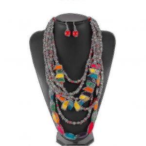 Femmes Collier Ensemble Boh&egrave;me Africain Ethnique Pompon Color&eacute; Pendentif En Bois Pour Festival-Am - Neuf