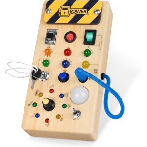 Montessori Busy Board 1 Year Children's Activity Board Wooden Toys with 8 Light Switches LED Sensory Learning Toys Suitable for Babies 1,2,3,4 Years Old - Neuf