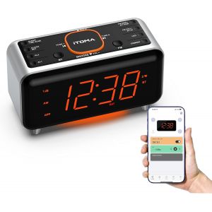 R&eacute;veil Radio avec contr&ocirc;le d'APP, Bluetooth, Radio FM, Double r&eacute;veil en 4 Modes d'alarme, Sieste Facile, Dimmer, lumi&egrave;re de Nuit Orange, 12/24 Heures et Port de Chargeur USB 208 - Neuf