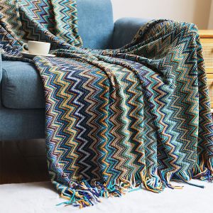 Couverture Tricotée Bohème Moelleuse À Rayures Bleues 130 X 170 Cm Avec Franges Décoratives, Plaid Doux Et Chaud, Petit Plaid Pour Canapé-Lit - Neuf