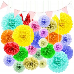 KALANKA-34PCS Decoration De Fete , Decoration Anniversaire Pompom Loisir Creatif, Decoration Mariage Colourful Boule Papier Fanion, Decoration Boheme Pompon Fleurs Papier, Decoration Voiture Mariage - Neuf