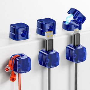 LIUW-Clips Cable 6 Pièces, Magnétique Clip Cable Avec Auto-Adhésifs Clips Câble Rangement Management Pour Câbles Chargeur Câble Organisateur Table Nuit Cuisine (Bleu Transparent) - Neuf