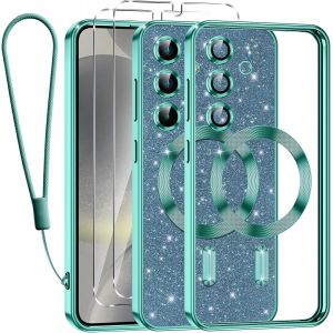 SJZG-Glitter Magn&eacute;tique Pour Samsung Galaxy S24 Plus 5G Con Cordon, [Compatible Avec Magsafe] Antichoc Brillant Paillet&eacute; Souple Couqe Pour Samsung S24 Plus 5G Avec 2 Pi&egrave;ces Verre Tremp&eacute; &Eacute;tui, Vert - Neuf