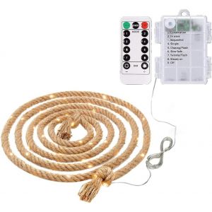 KAL-Guirlande Lumineuse En Corde De Jute De 5 M, 100 Led, 6 Mm, Pour Chambre À Coucher, 8 Modes, À Piles Avec Télécommande, Pour Camping, Halloween, Noël - Neuf