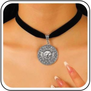 Kal-Collier Pendentif Tête De Mort Vintage Collier Velours Tête De Mort Argenté Collier Ras Du Cou Grand Disque Collier Ras Du Cou En Daim Noir Collier Ras Du Cou Médaillon Pièce De Monnaie Bijoux - Neuf