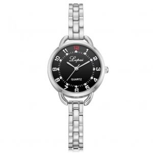 Femmes Femme Quartz Mouvement Montre Alliage Boîtier Rond Analogique Montre-Bracelet Argent Noir - Neuf