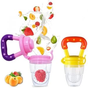 Lot De 2 Tétine Sucette De Grignoteuse Anneau D'alimentation Fruits En Silicone Pour Bébé Samber, M, Rose +Rouge - Neuf
