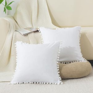 Slep-Lot De 2 Housses De Coussin Décoratives Avec Fermeture Éclair 80 X 80 Cm En Microfibre Douce Avec Franges Pour Coussin Décoratif De Canapé, Avec Pompons - Neuf