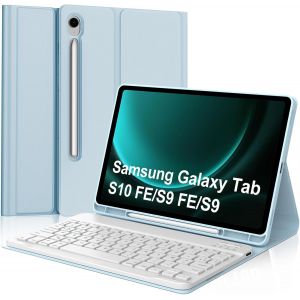 Coque Clavier Pour Samsung Galaxy Tab S10 Fe/S9 Fe 10.9""/S9 11"", Étui Keyboard Avec Pavé Tactile, Clavier Touchpad Azerty Français Layout Bluetooth Détachable Avec Porte Crayon, Gris Bleu - Neuf