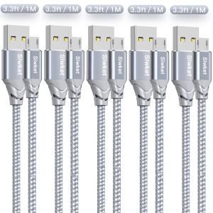 Lot De 5 C&acirc;bles Micro Usb Tress&eacute;s Usb A Vers Micro Charge Android Pour Samsung Galaxy J7, S7, S6, Kindle Fire, Tablettes Fire Hd, Manette Ps4, Sony, Htc, Lg, Moto, Huawei 1 M[CAB9162923] - Neuf