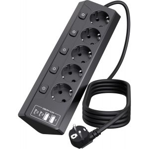 Multiprise avec Interrupteur Individuel - 4000W/16A, Bloc Multi 9 Prises avec 4 Ports USB (2 USB-A et 2 USB-C), Rallonge Electrique 2M pour Maison Bureau,Noir - Neuf