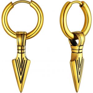Boucles D'oreilles Homme En Acier Inoxydable/Plaqué Or/Noir,Petite Créole Avec Pendante Lance Flèche Viking,Bijou Gothique Unisexe.[X1872] - Neuf