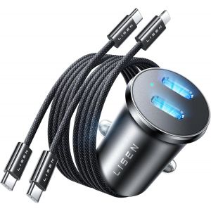90W Chargeur Allume Cigare Usb C[R&eacute;sistance &Agrave; L'Usure C&acirc;ble][ Usb C & Lighting Port]Chargeur Iphone Voiture Rapide, Prise Allume Cigare 12V Pour Iphone 16 15 14 13 12 11 Pro Max [PPJ00380] - Neuf