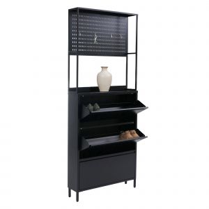 Armoire &agrave; chaussures HWC-O86, &eacute;tag&egrave;re &agrave; chaussures Meuble &agrave; chaussures, 3 compartiments basculants, crochets de rangement en m&eacute;tal 201x80x20cmnoir - Neuf