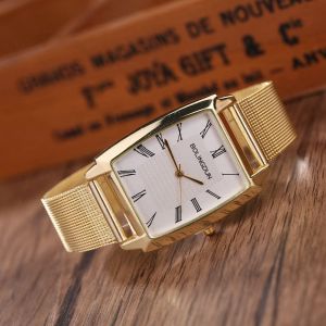 Montre A Quartz Tendance Avec Bracelet En Maille Et Chiffres Romains, Cadran Carre, Pour Homme Et Femme (Or Et Blanc) - Neuf