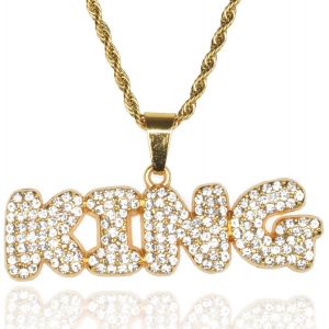 Trahoo-Chaîne En Or Pour Homme,Plaqué Or Véritable 18 Carats Cz Complet Collier À Pendentif Lettre Bulle King Diamants De Laboratoire Avec Chaîne De Corde 60cm Coffret Cadeau Gratuit - Neuf