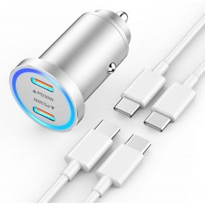 Fast Car Charger Iphone 15, Ultra Compact Metal Dual 60w Car Charger Usb C Adapter With 2x Usb C Cables For Iphone 15/15 Pro/15 Pro Max/15 Plus, Ipad Pro/Air/Mini, Galaxy S23 S22 S21 - Neuf