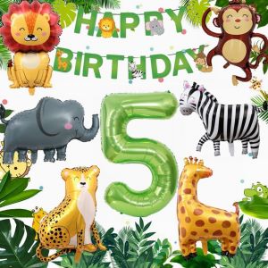 ChicSlick-Décoration 5 Ans Jungle Ballons Animaux Aluminium Verts 5 Ans Anniversaire Enfants Un Xes[X397] - Neuf